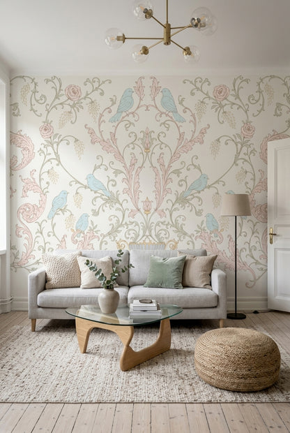 Floral Damask Wallpaper Birds Removable Pastel Wall Decor