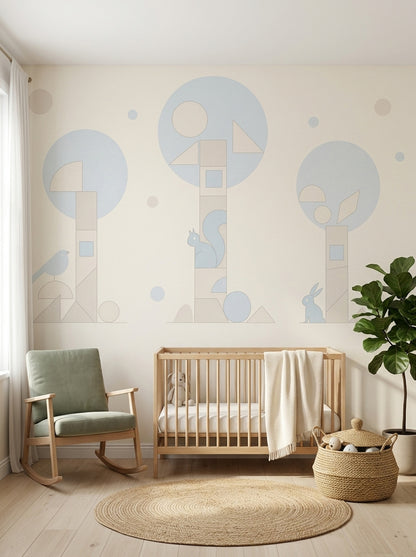 Geometric Woodland Wallpaper Pastel Nursery Removable Scandinavian Wall Decor