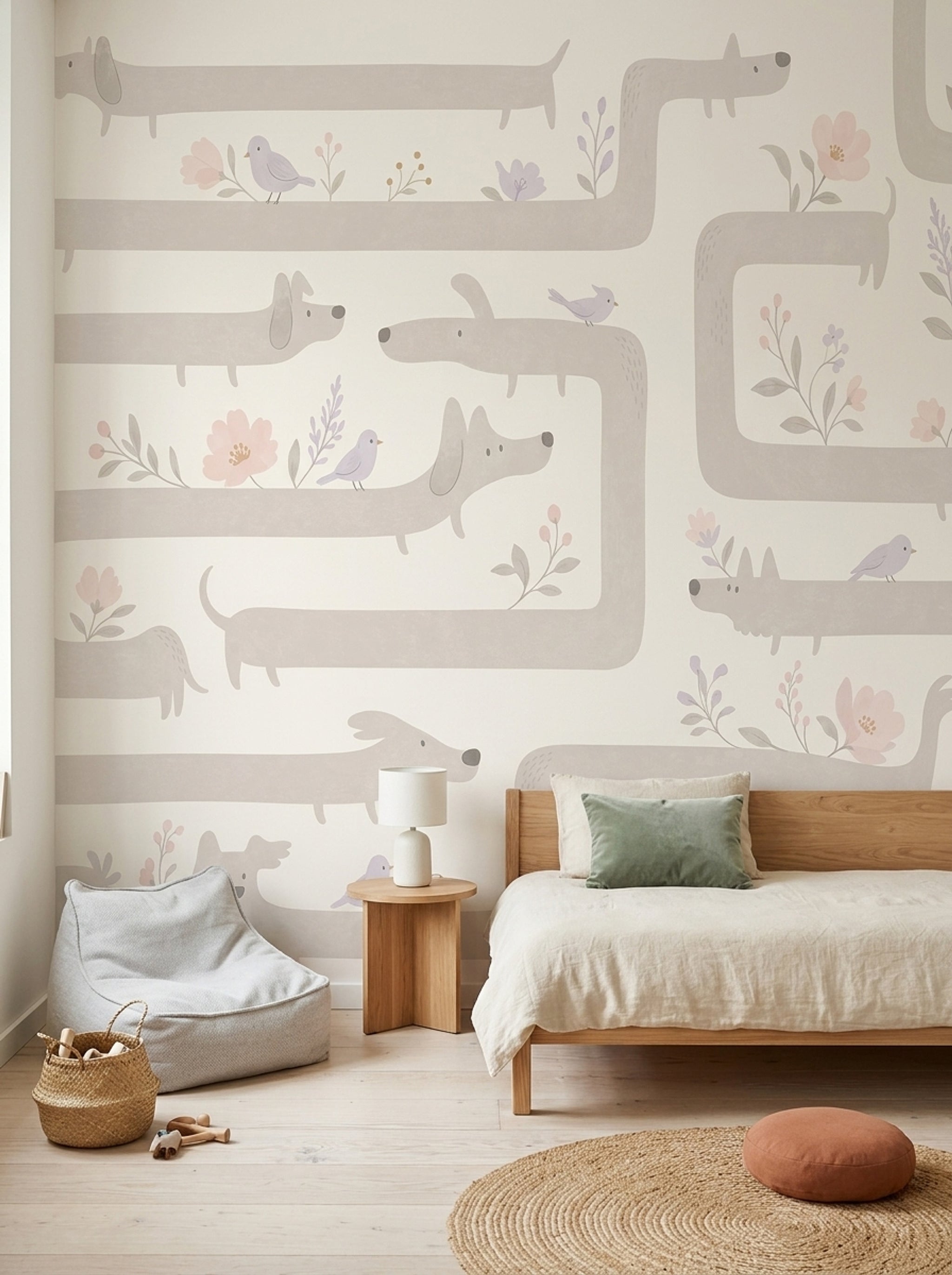 Whimsical Dogs Wallpaper Dachshund Pastel Floral Removable Wall Decor