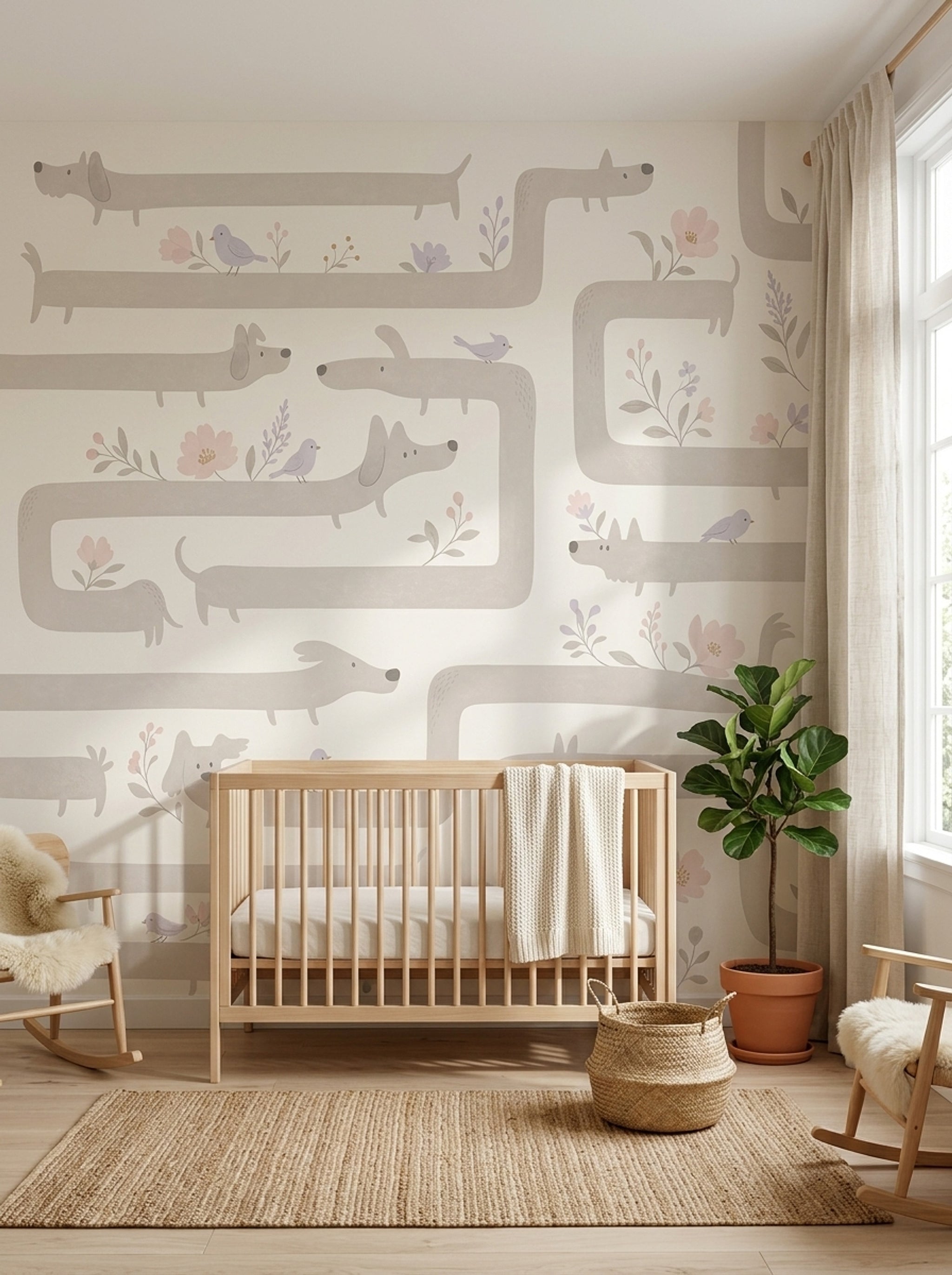 Whimsical Dogs Wallpaper Dachshund Pastel Floral Removable Wall Decor