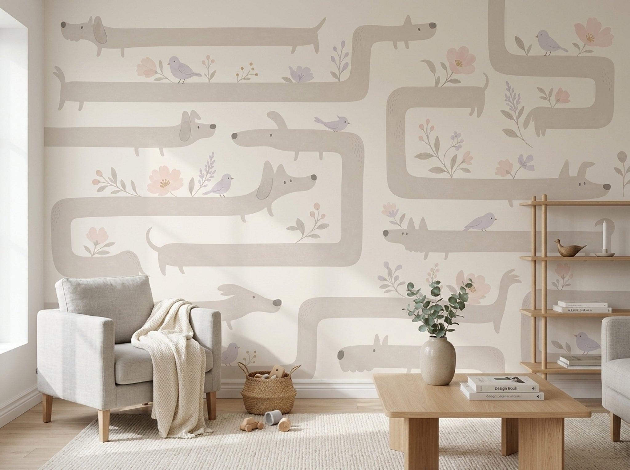 Whimsical Dogs Wallpaper Dachshund Pastel Floral Removable Wall Decor