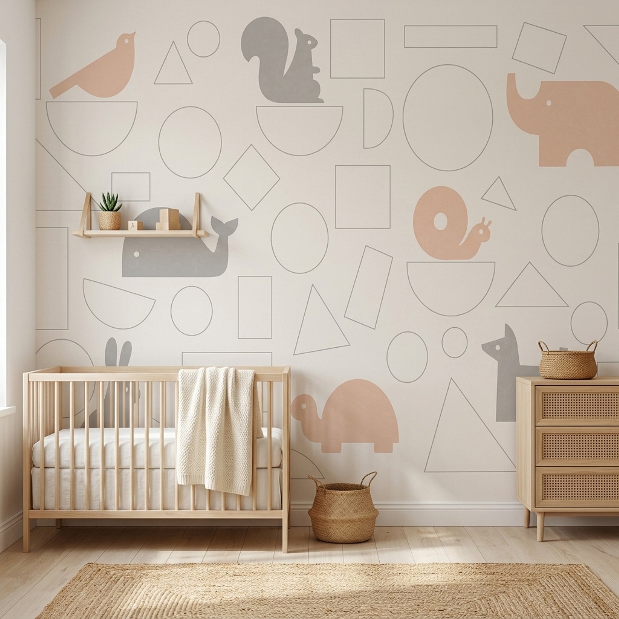 Nursery Animals Wallpaper Geometric Shapes Pastel Removable Wall Decor