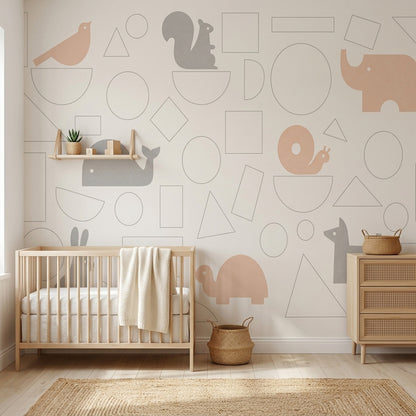 Nursery Animals Wallpaper Geometric Shapes Pastel Removable Wall Decor