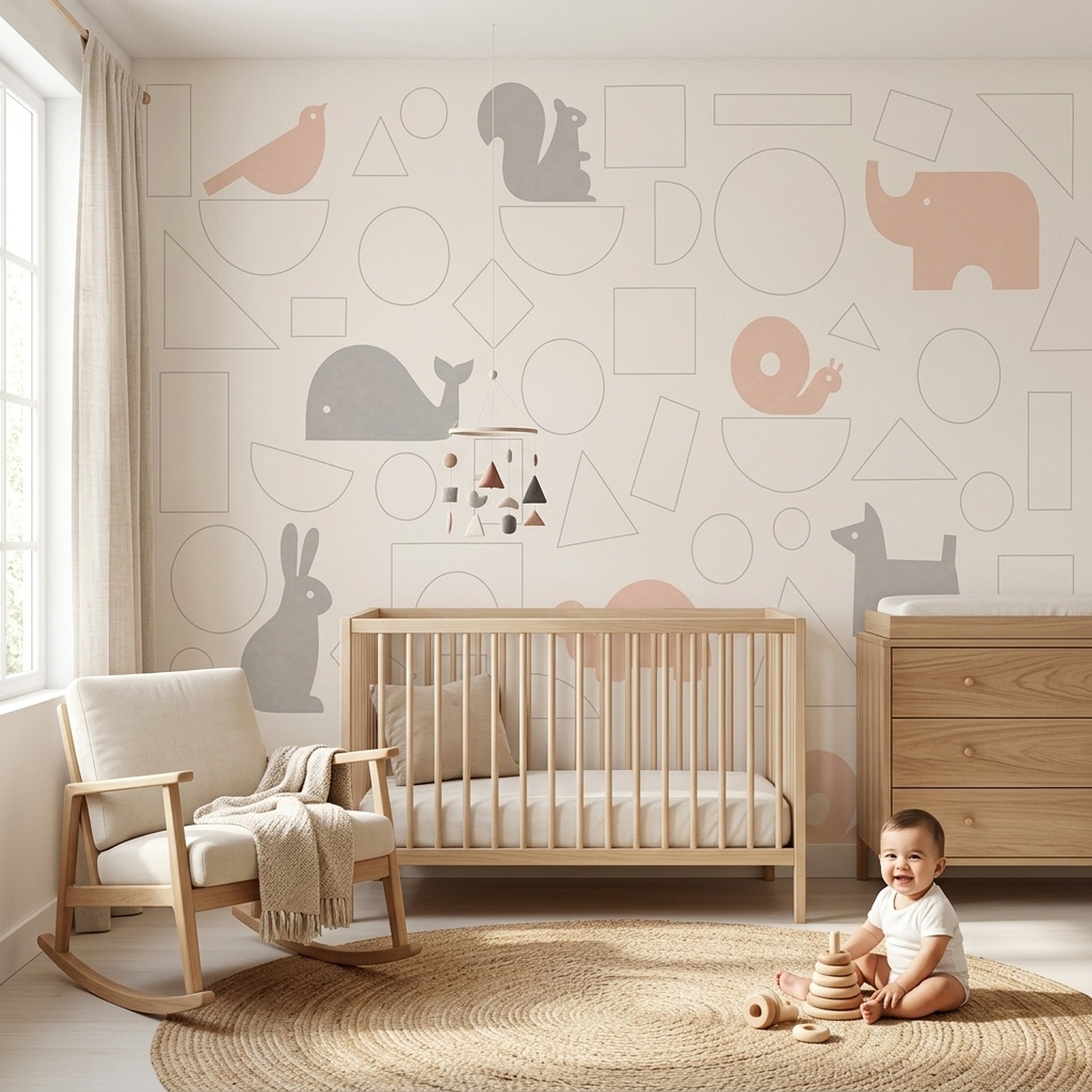 Nursery Animals Wallpaper Geometric Shapes Pastel Removable Wall Decor