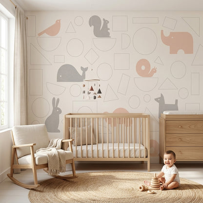 Nursery Animals Wallpaper Geometric Shapes Pastel Removable Wall Decor