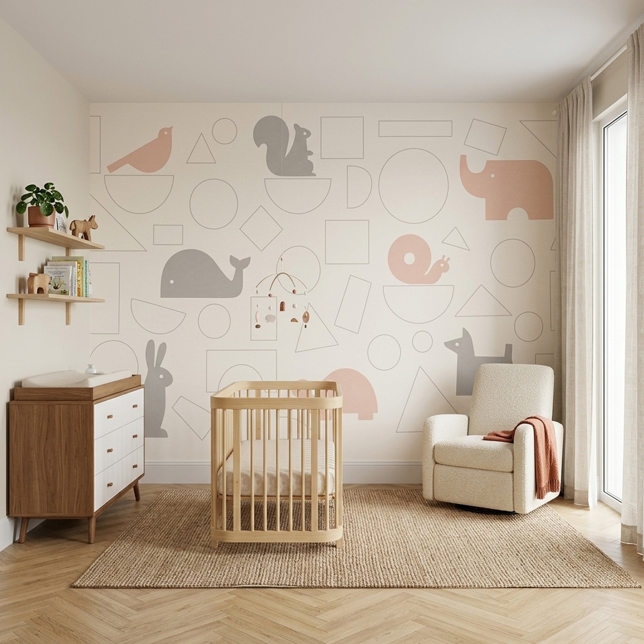 Nursery Animals Wallpaper Geometric Shapes Pastel Removable Wall Decor