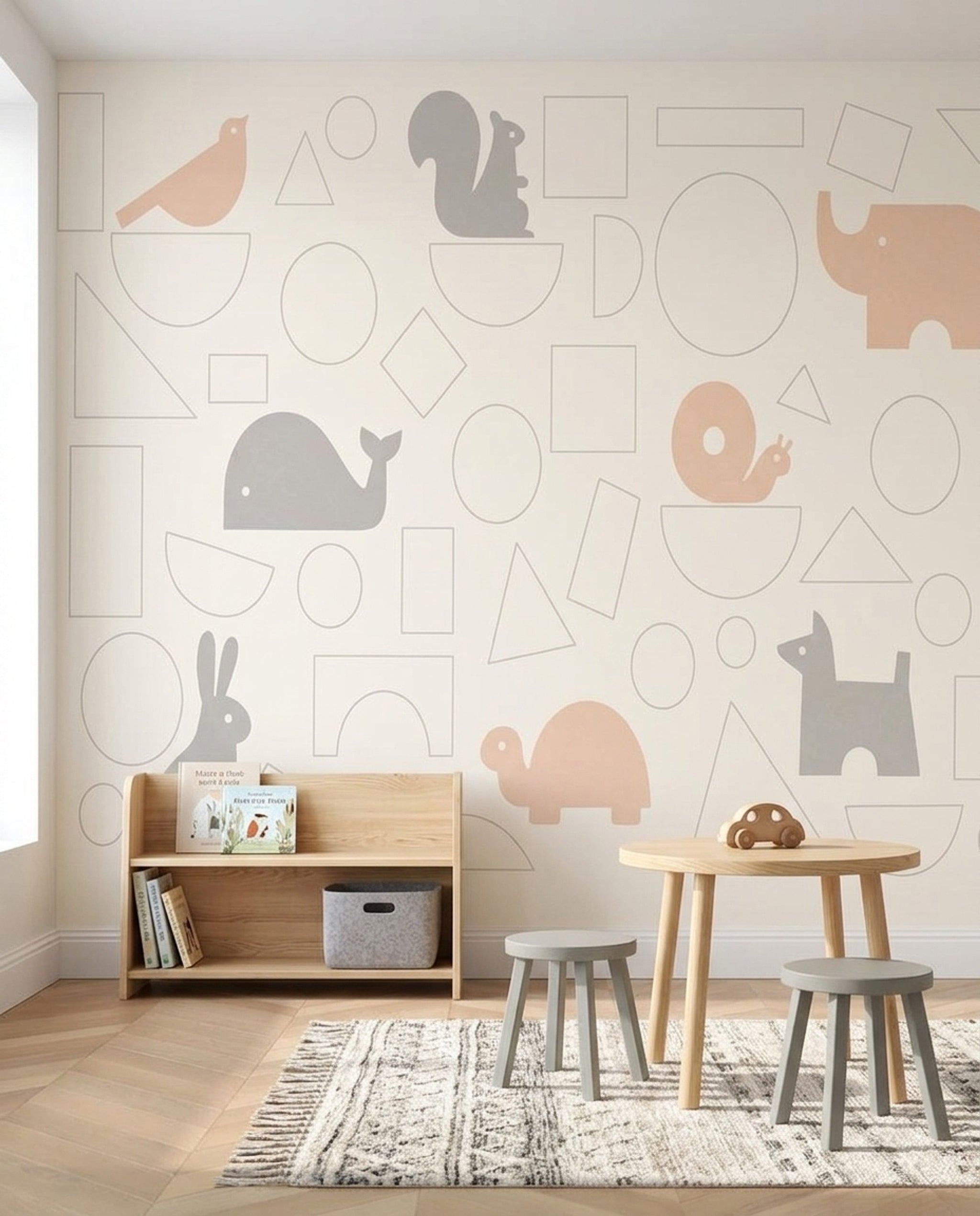 Nursery Animals Wallpaper Geometric Shapes Pastel Removable Wall Decor