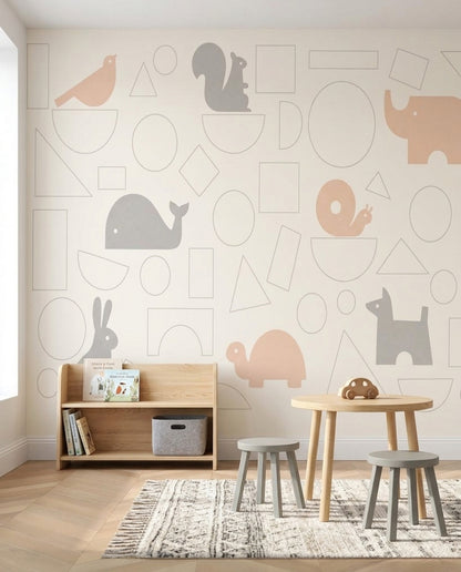 Nursery Animals Wallpaper Geometric Shapes Pastel Removable Wall Decor