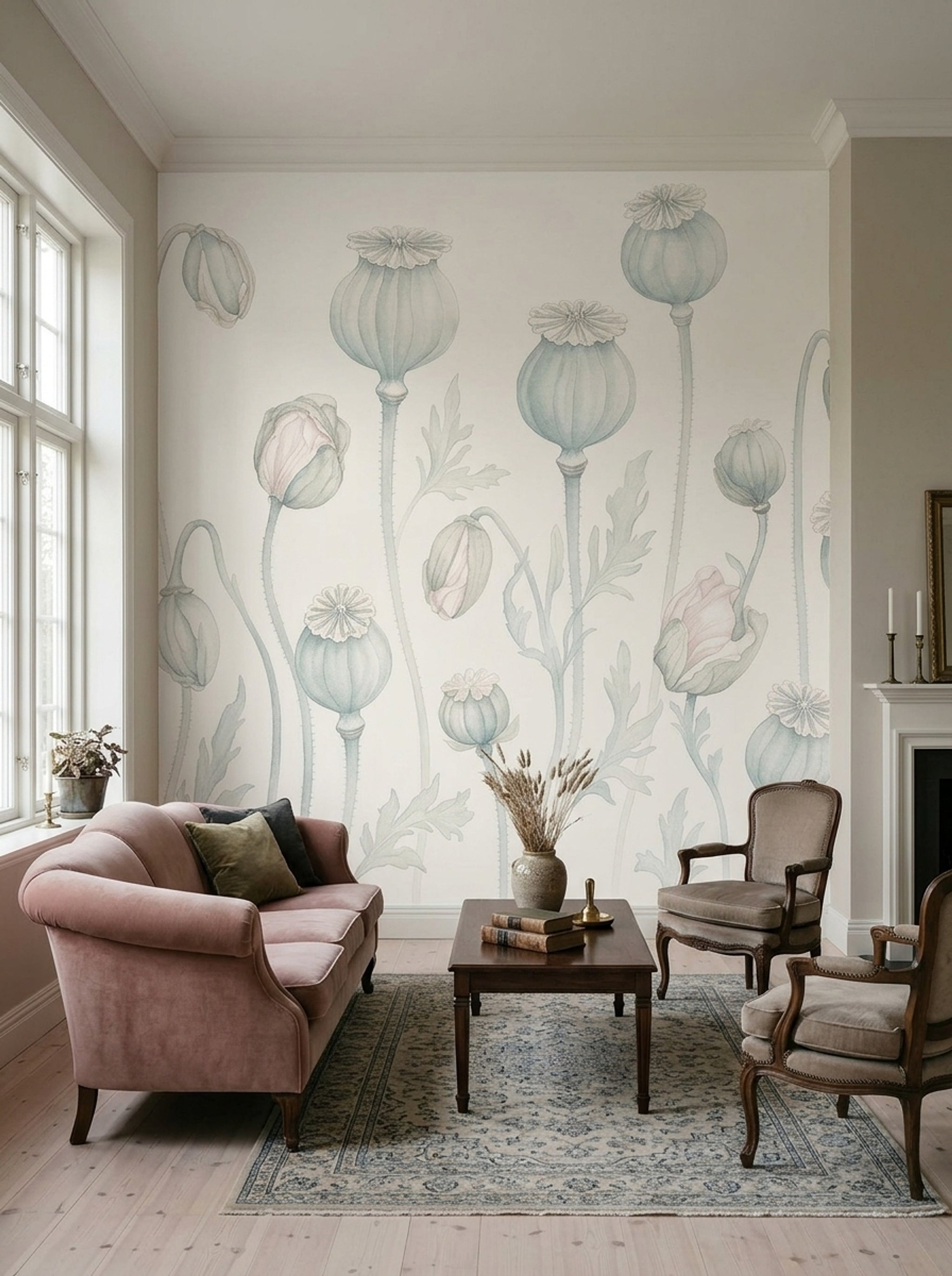 Poppy Pods Wallpaper Botanical Ivory Background Removable Wall Decor