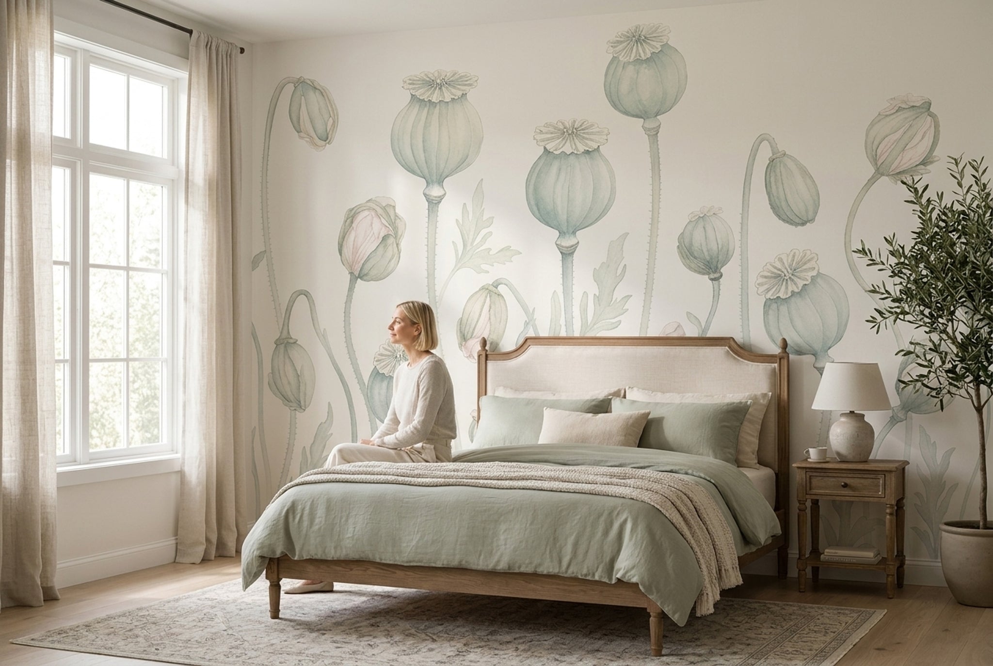 Poppy Pods Wallpaper Botanical Ivory Background Removable Wall Decor