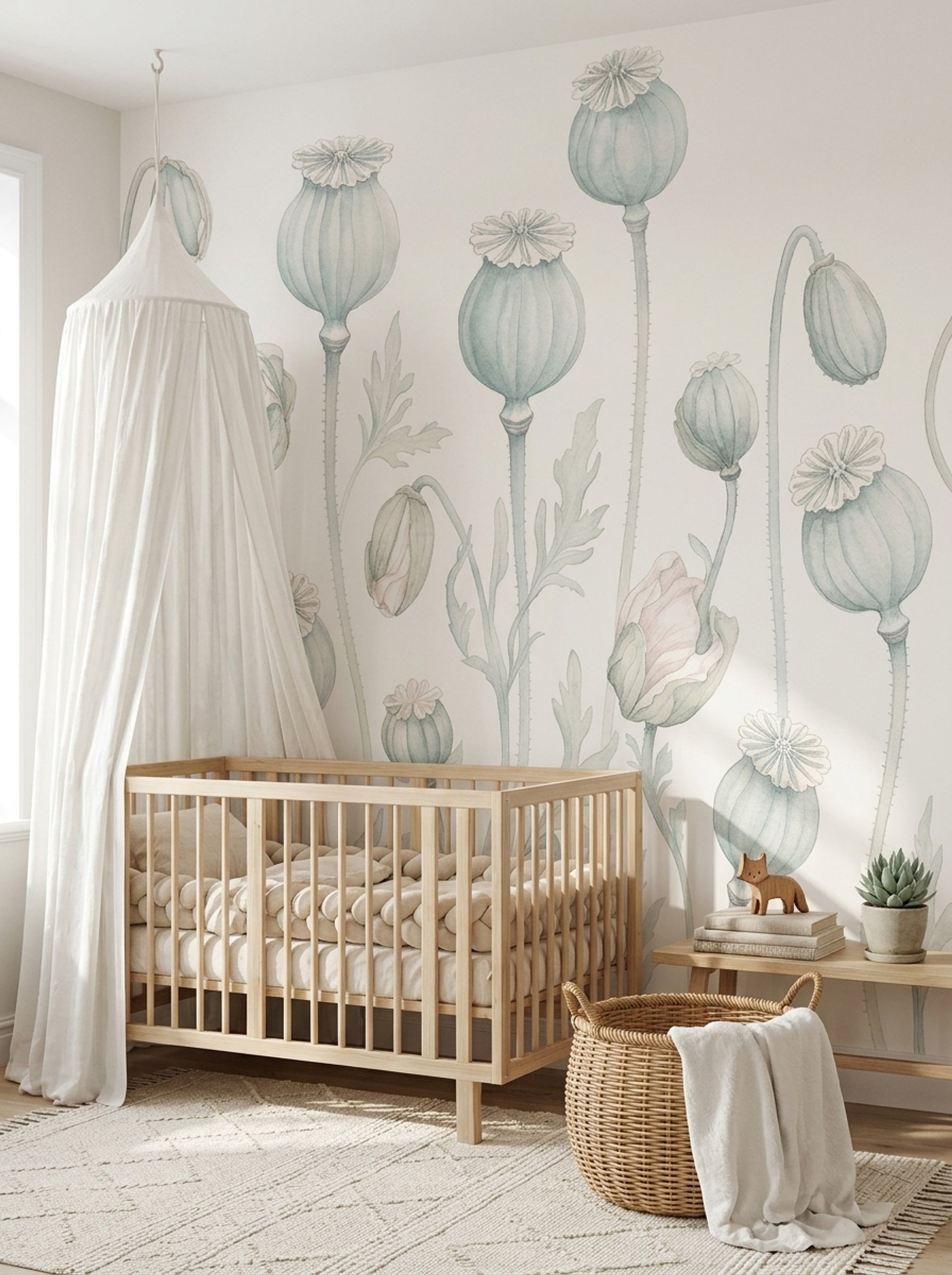 Poppy Pods Wallpaper Botanical Ivory Background Removable Wall Decor