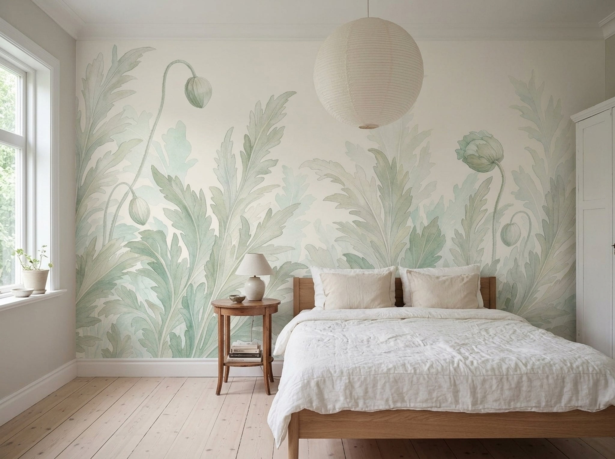 Botanical Wallpaper Watercolor Sage Green Removable Wall Decor