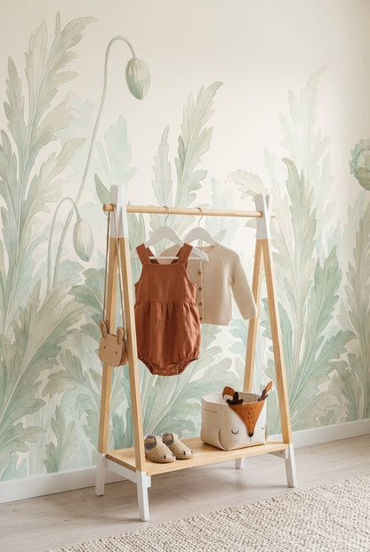 Botanical Wallpaper Watercolor Sage Green Removable Wall Decor