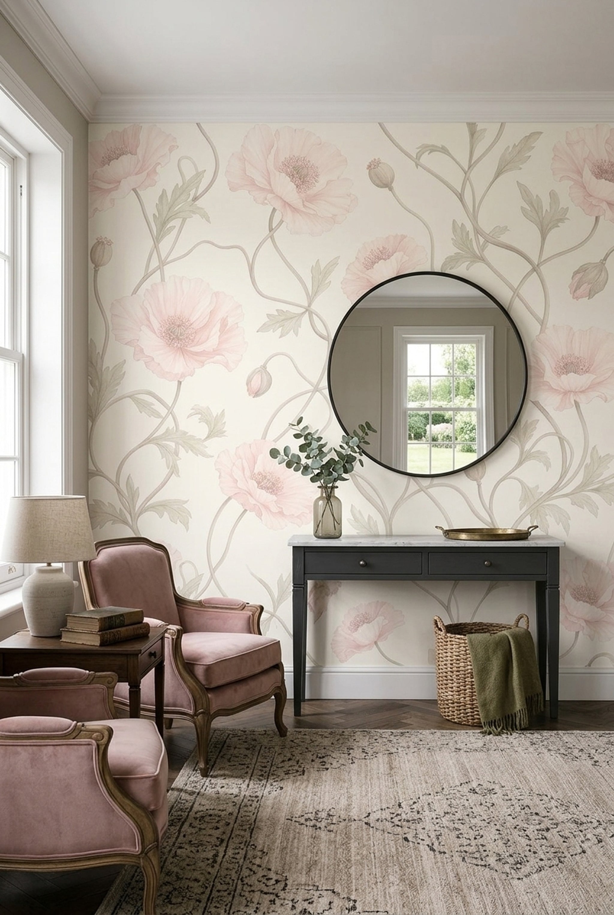 Poppies Wallpaper Blush Pink Vintage Garden Wall Mural