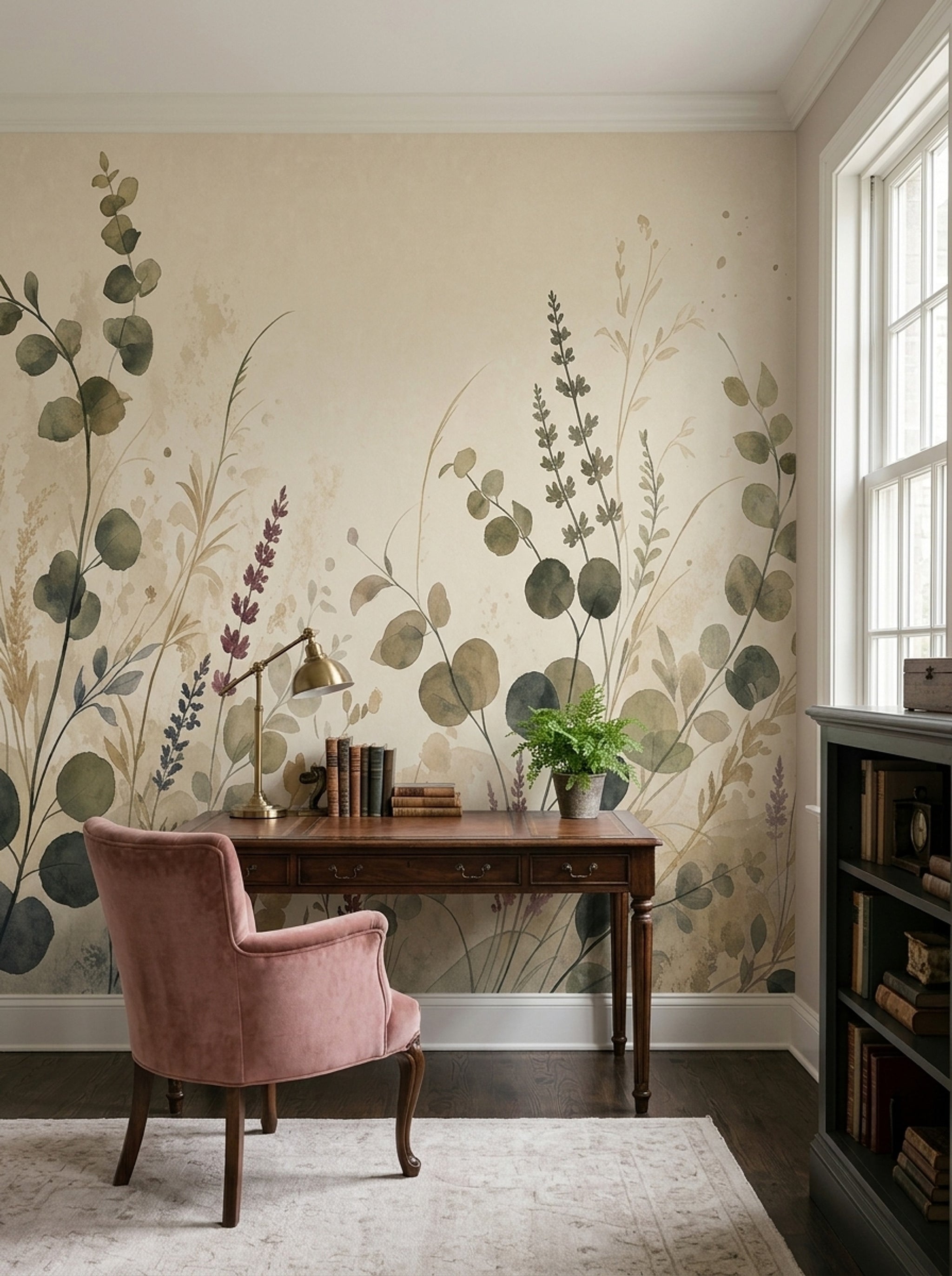 Watercolor Botanical Wallpaper Wildflowers Eucalyptus Leaves Wall Mural