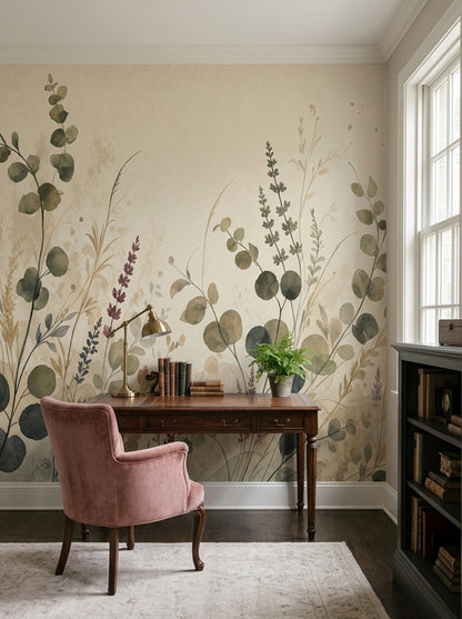 Watercolor Botanical Wallpaper Wildflowers Eucalyptus Leaves Wall Mural
