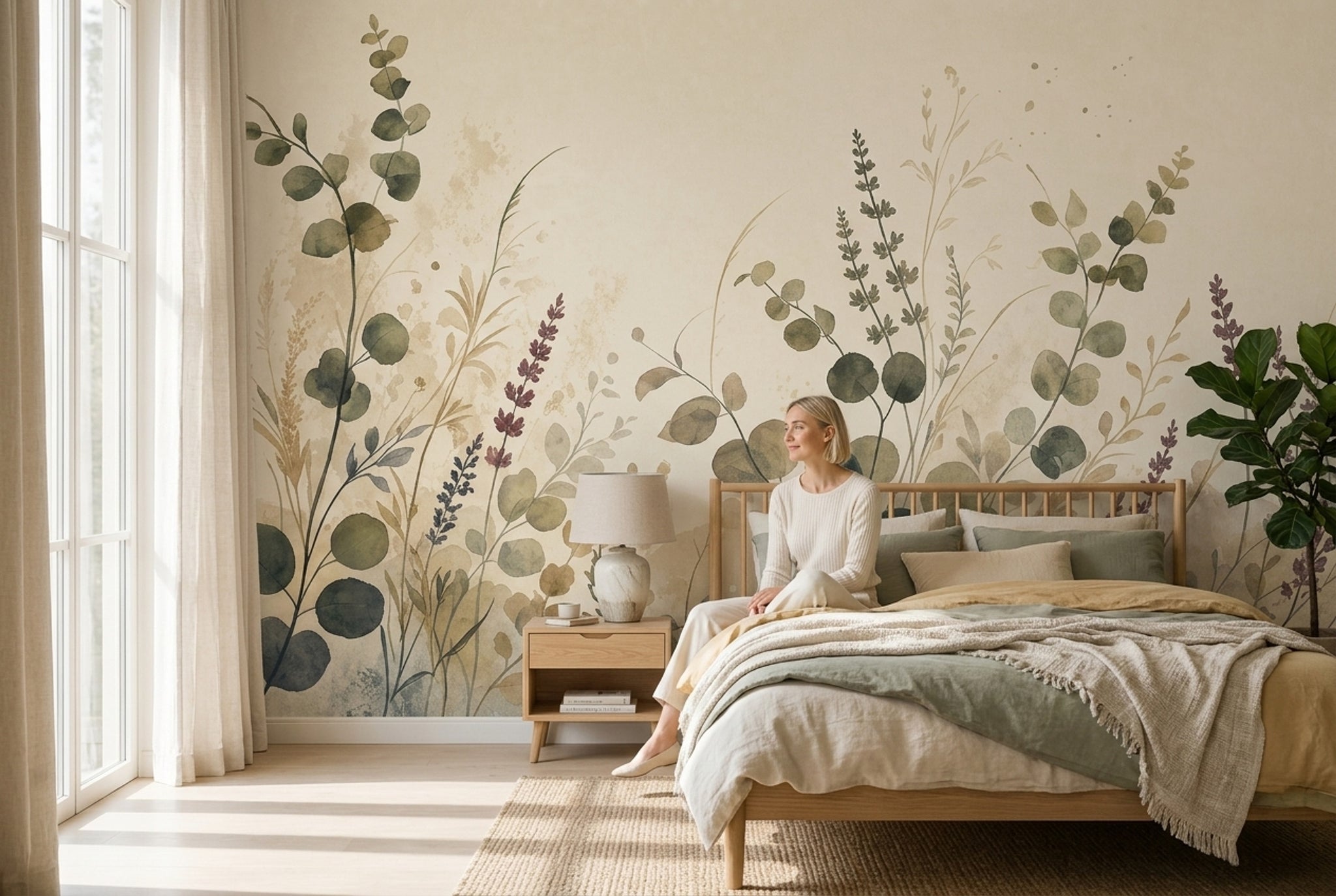Watercolor Botanical Wallpaper Wildflowers Eucalyptus Leaves Wall Mural