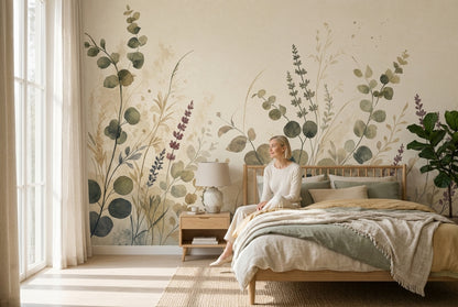 Watercolor Botanical Wallpaper Wildflowers Eucalyptus Leaves Wall Mural