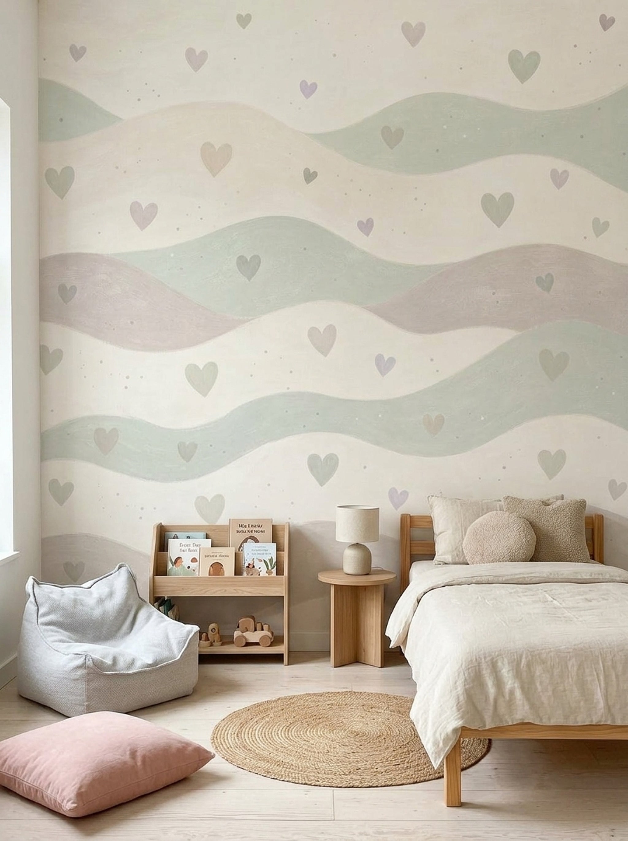 Nursery Wallpaper Hearts Removable Wavy Bands Wall Decor