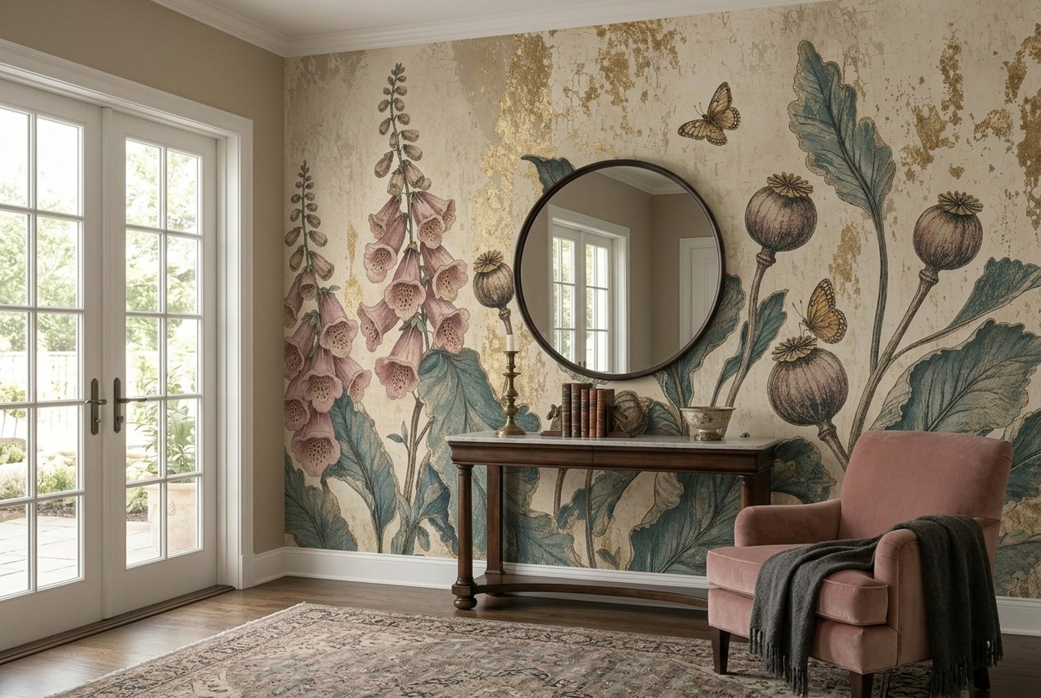 Vintage Botanical Wallpaper Floral Wallpaper Distressed Texture Wall Mural