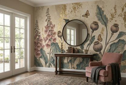 Vintage Botanical Wallpaper Floral Wallpaper Distressed Texture Wall Mural
