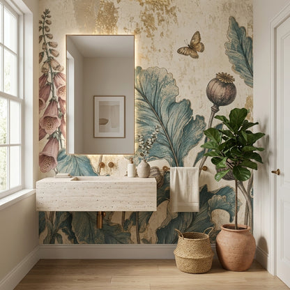 Vintage Botanical Wallpaper Floral Wallpaper Distressed Texture Wall Mural