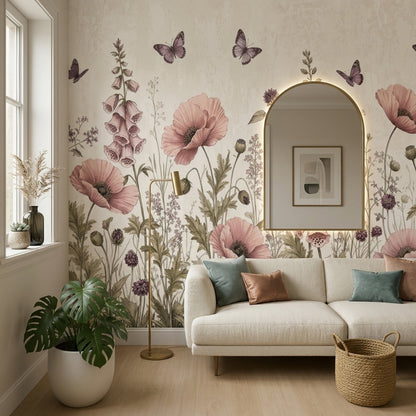 Botanical Wallpaper Wildflowers Removable Butterflies Wall Decor