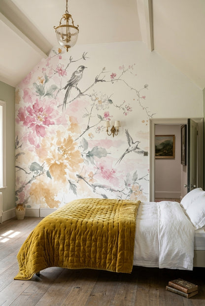 White Background Wallpaper Floral Botanical Removable Wall Decor