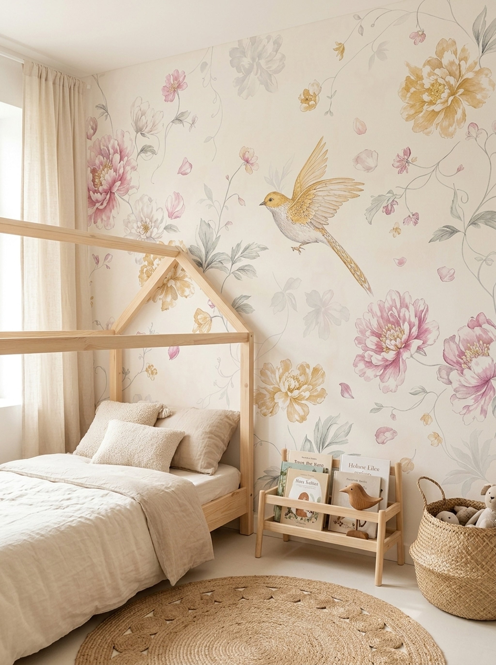 Peony Wallpaper Watercolor Removable Bird Wall Decor