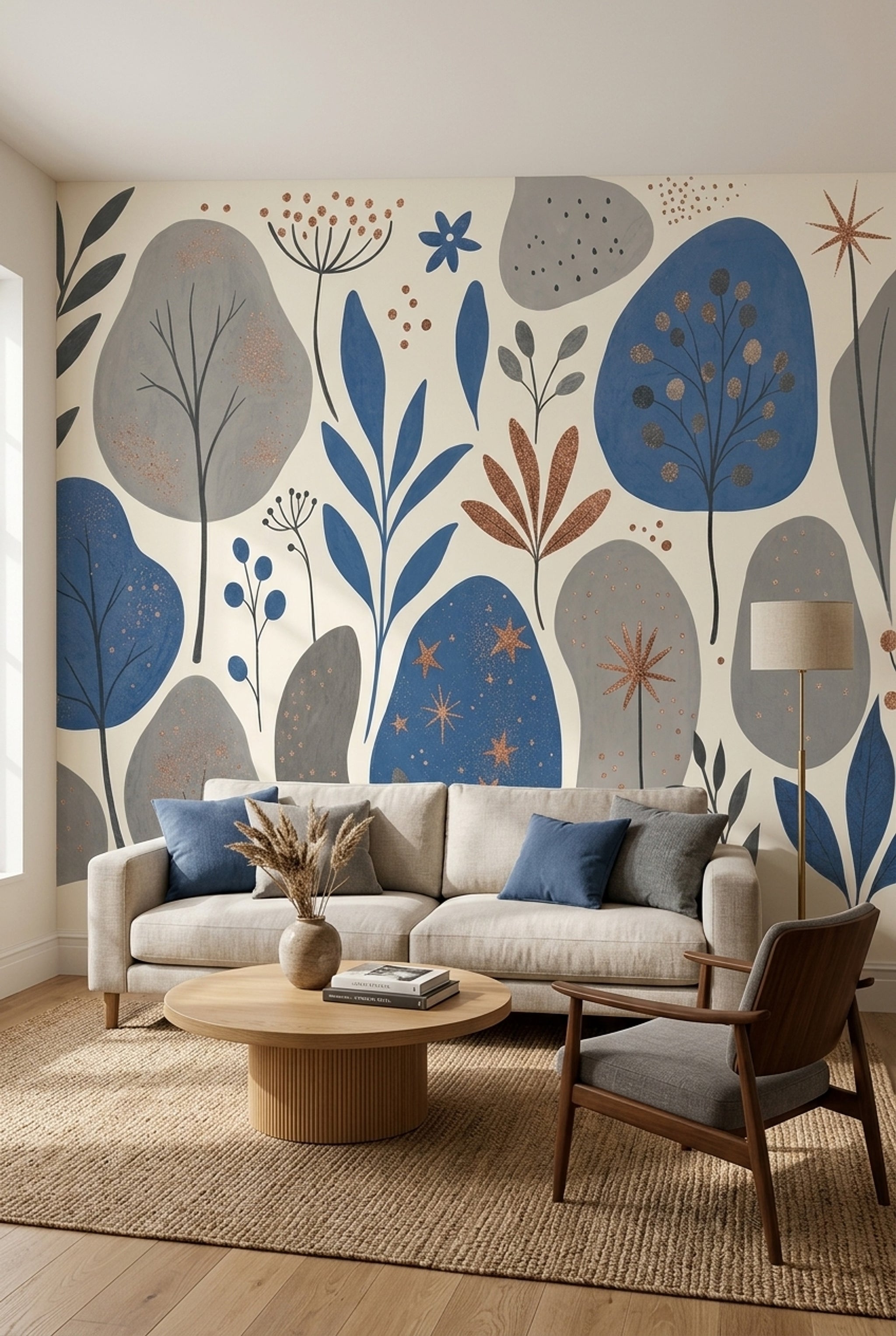 Abstract Floral Wallpaper Scandinavian Blue Leaves Wall Mural