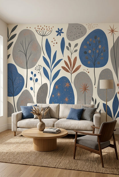 Abstract Floral Wallpaper Scandinavian Blue Leaves Wall Mural