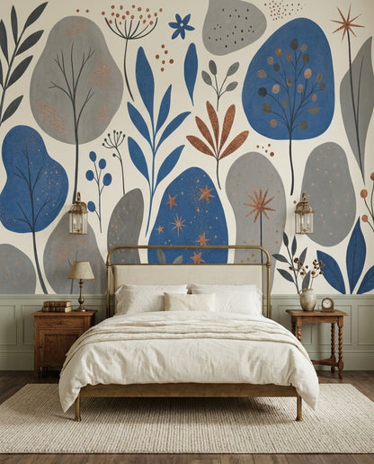 Abstract Floral Wallpaper Scandinavian Blue Leaves Wall Mural