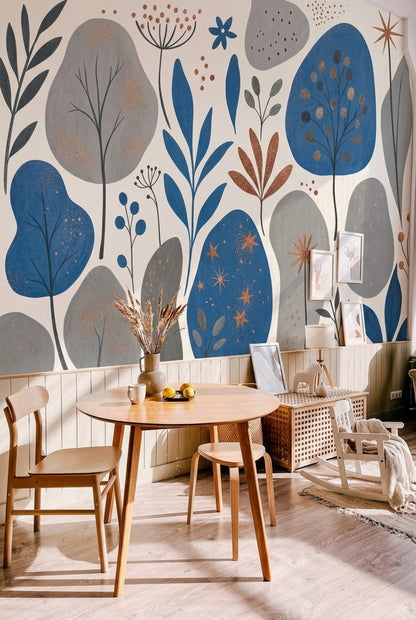 Abstract Floral Wallpaper Scandinavian Blue Leaves Wall Mural