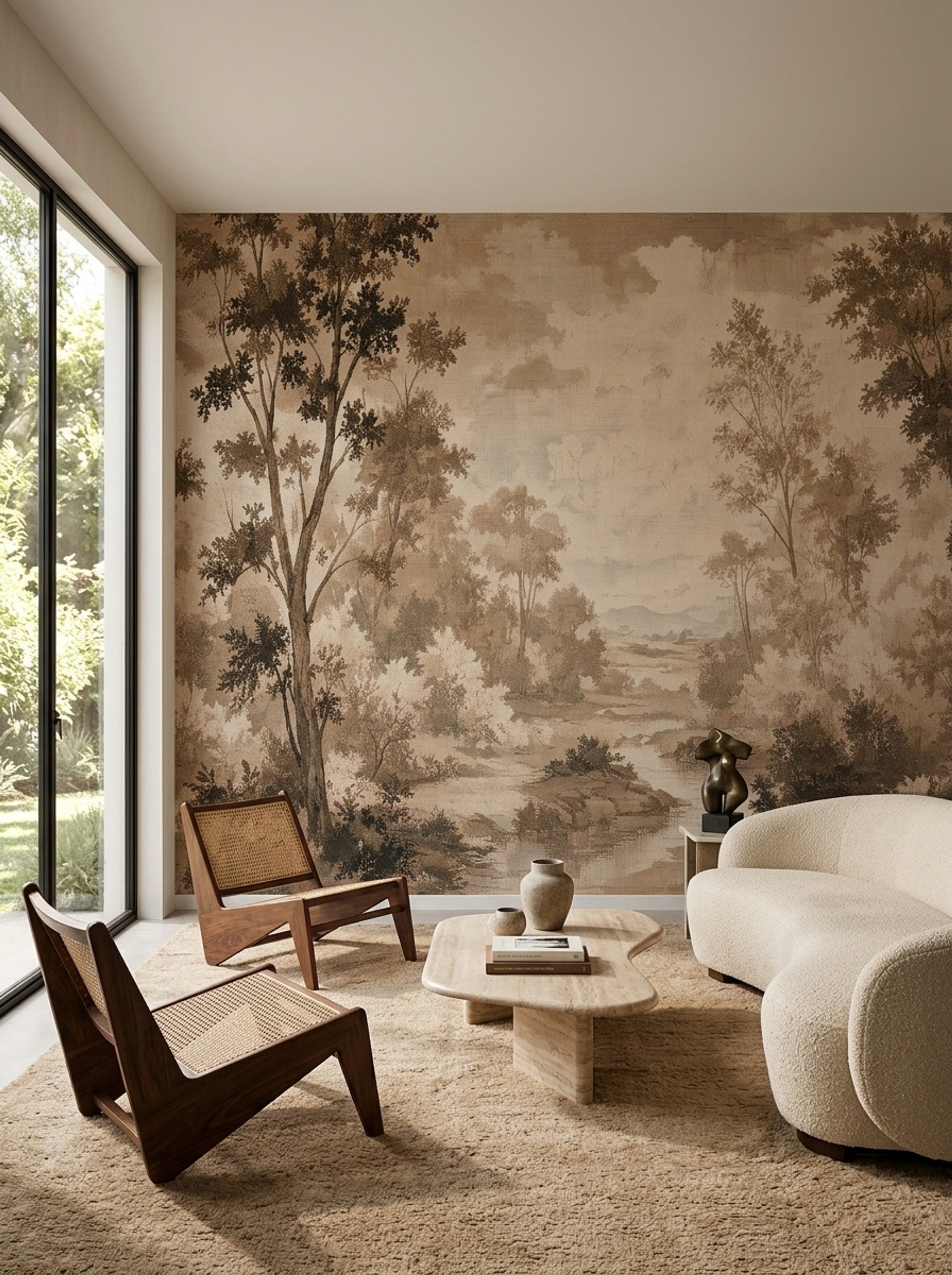 Sepia Landscape Wallpaper Woodland Removable Toile Wall Decor