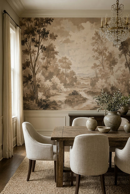 Sepia Landscape Wallpaper Woodland Removable Toile Wall Decor