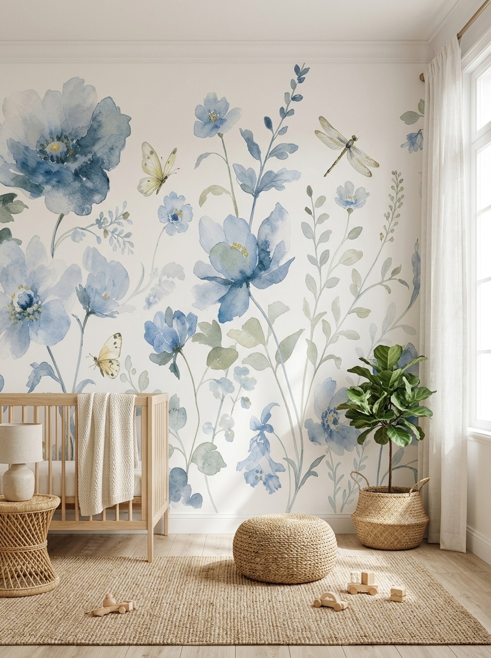 White Background Wallpaper Botanical Watercolor Removable Wall Decor