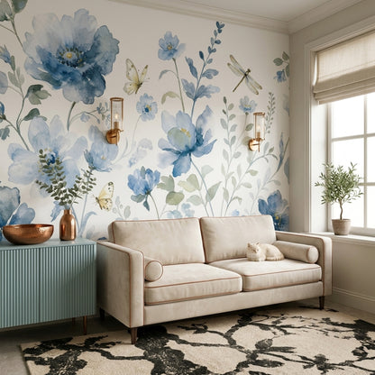 White Background Wallpaper Botanical Watercolor Removable Wall Decor