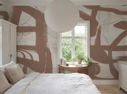 Brown Brushstrokes Wallpaper Cream Background Linework Wall Mural