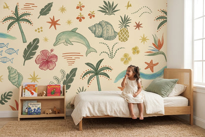 Tropical Wallpaper Coastal Watercolor Wall Mural