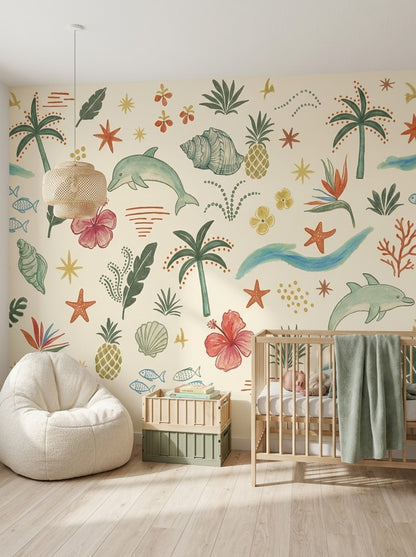 Tropical Wallpaper Coastal Watercolor Wall Mural