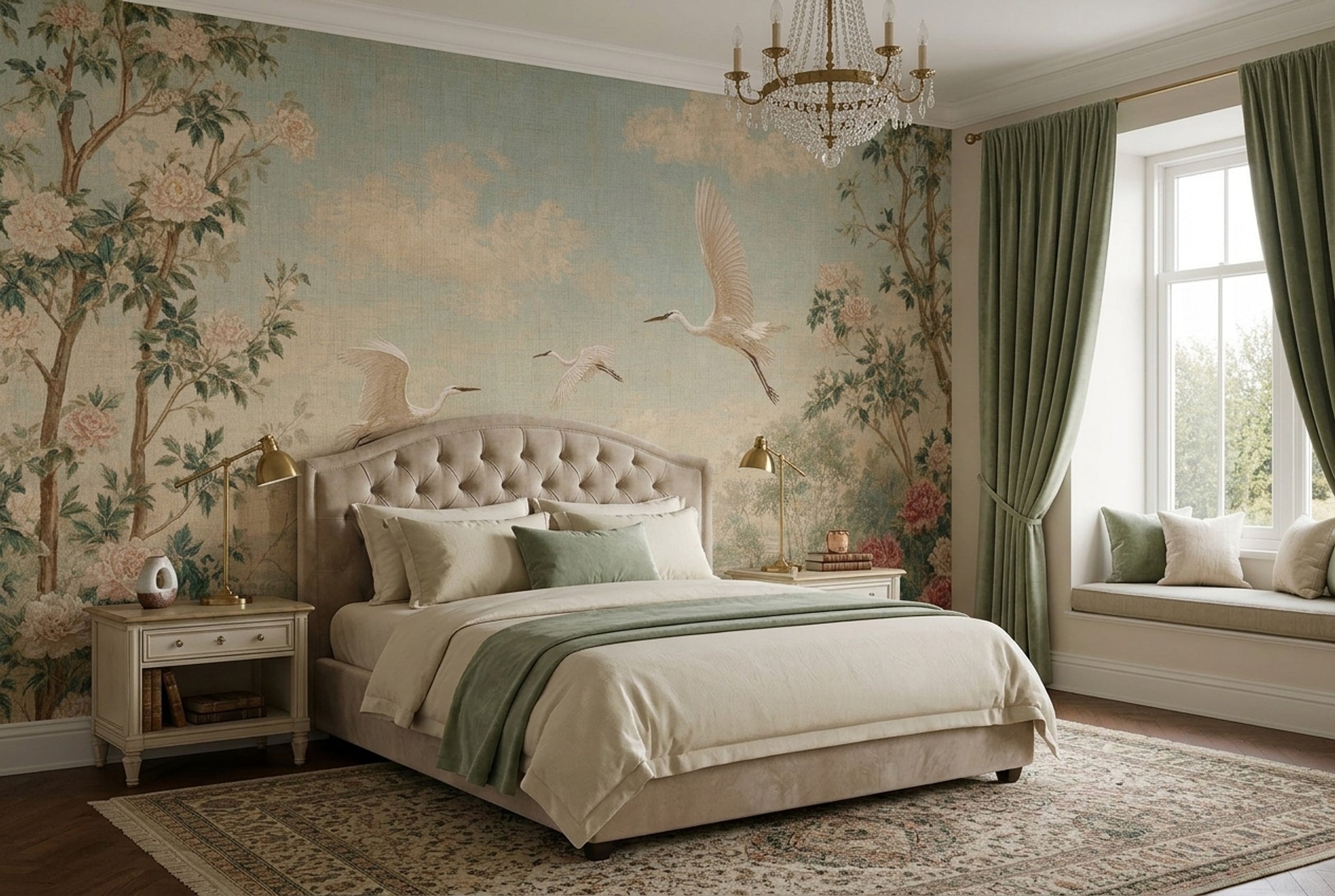 Chinoiserie Wallpaper Cranes Removable Peonies Wall Decor