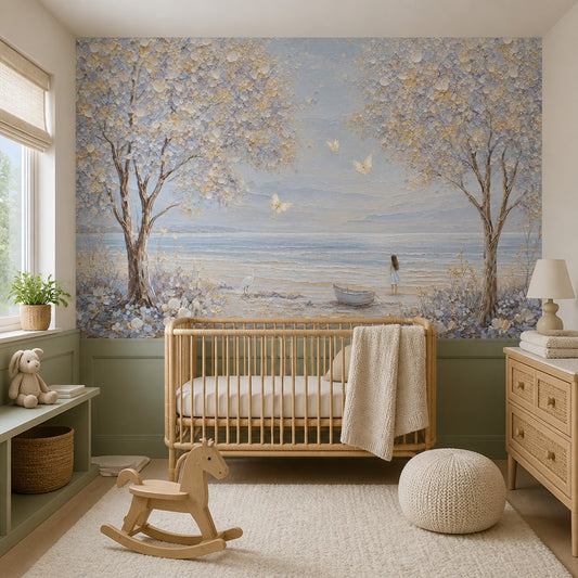 Coastal Landscape Wallpaper Flowering Trees Ocean View Wall Mural