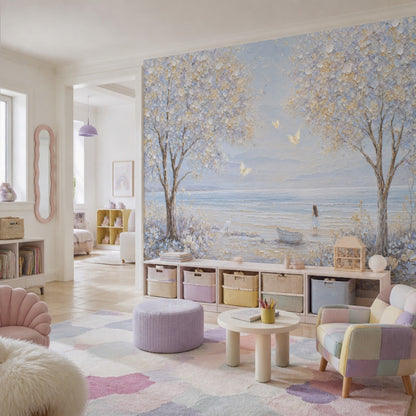 Coastal Landscape Wallpaper Flowering Trees Ocean View Wall Mural