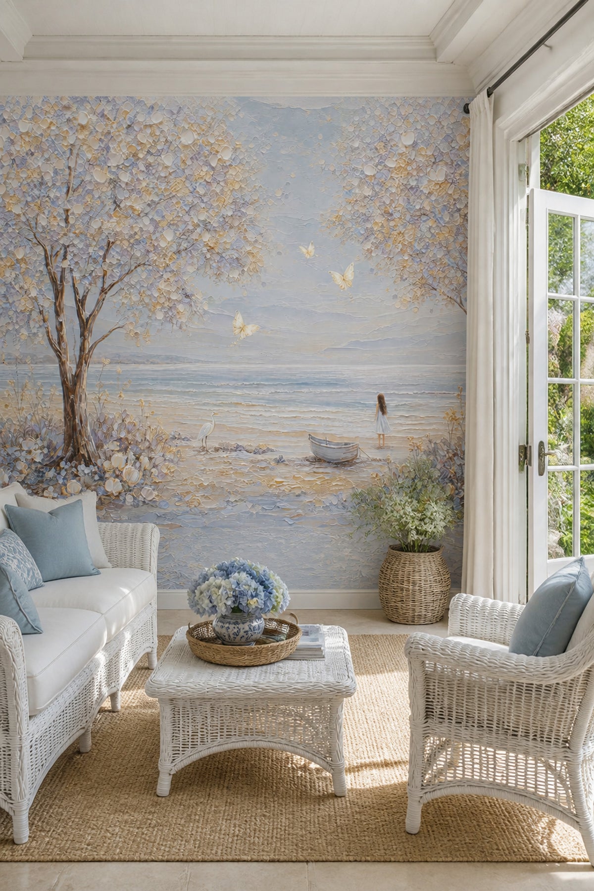 Coastal Landscape Wallpaper Flowering Trees Ocean View Wall Mural