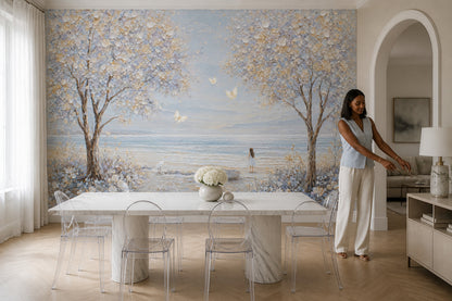 Coastal Landscape Wallpaper Flowering Trees Ocean View Wall Mural