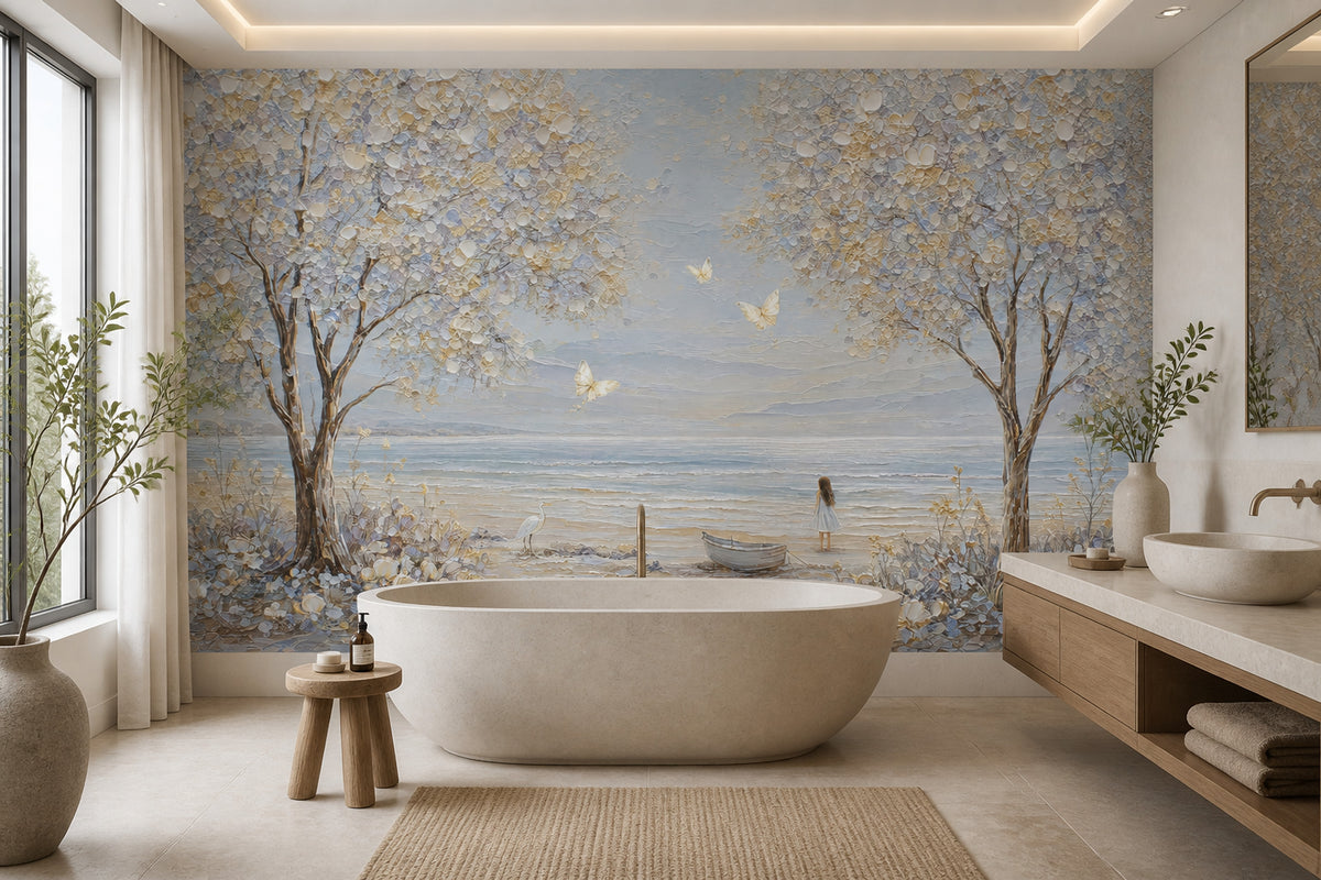 Coastal Landscape Wallpaper Flowering Trees Ocean View Wall Mural