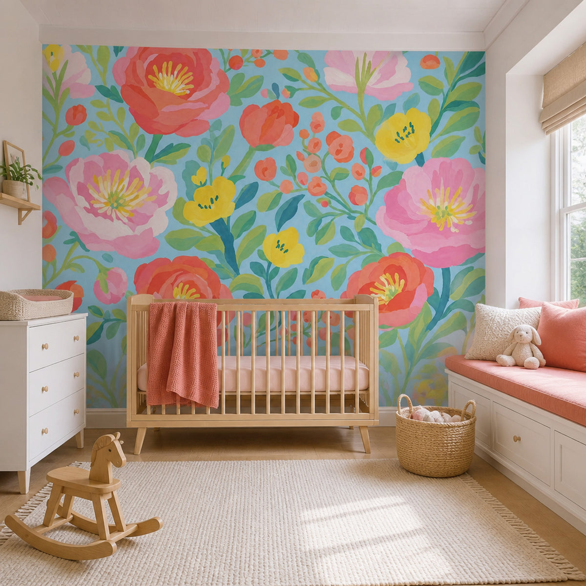 Bright Floral Wallpaper Light Blue Background Painted Flowers Removable Wall Decor