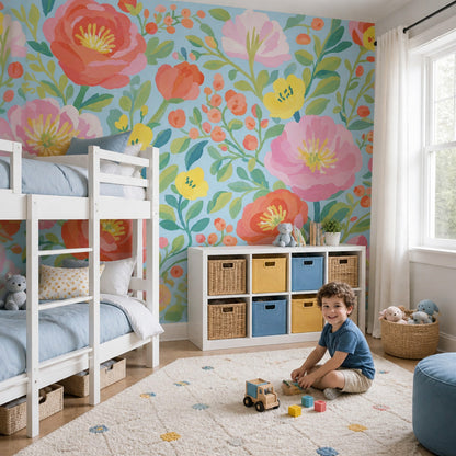 Bright Floral Wallpaper Light Blue Background Painted Flowers Removable Wall Decor