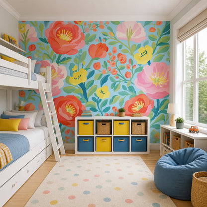 Bright Floral Wallpaper Light Blue Background Painted Flowers Removable Wall Decor