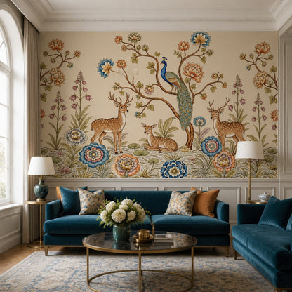 Peacock Wallpaper Deer Removable Chinoiserie Wall Decor
